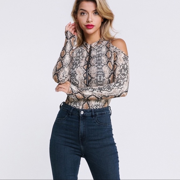Snakeskin Cold Shoulder Bodysuit - Picture 3 of 8